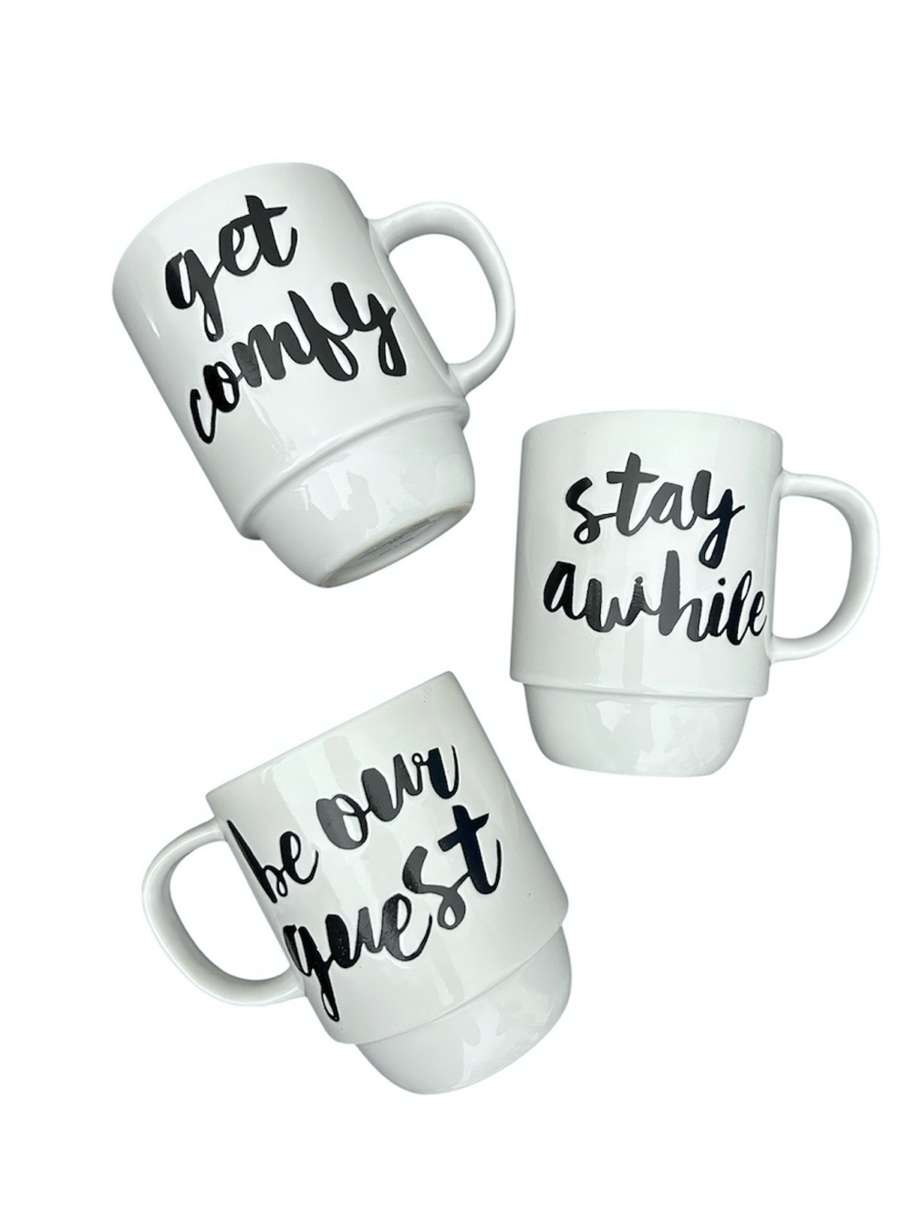 mug White Ceramic 3 Mugs Set Black Script Welcome Guest Collection AirBNB  VRBO